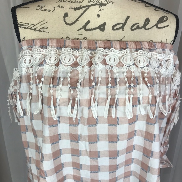 NWT Gingham Off Shoulder Boho Blouse Sz M - Picture 3 of 6